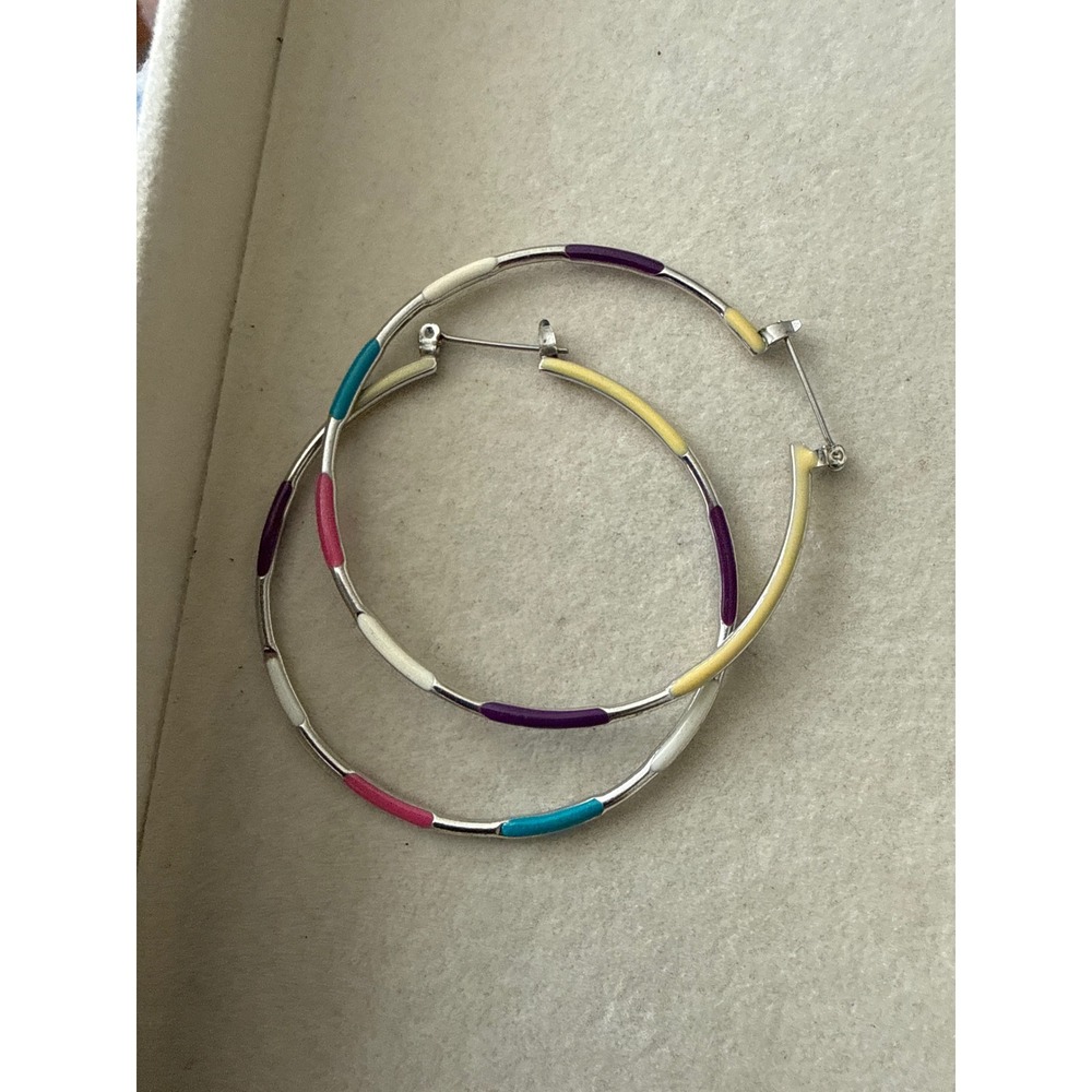 Multi Color Enamel Hoop Earrings Silver Tone Latch Back Segmented Round 2 Inch